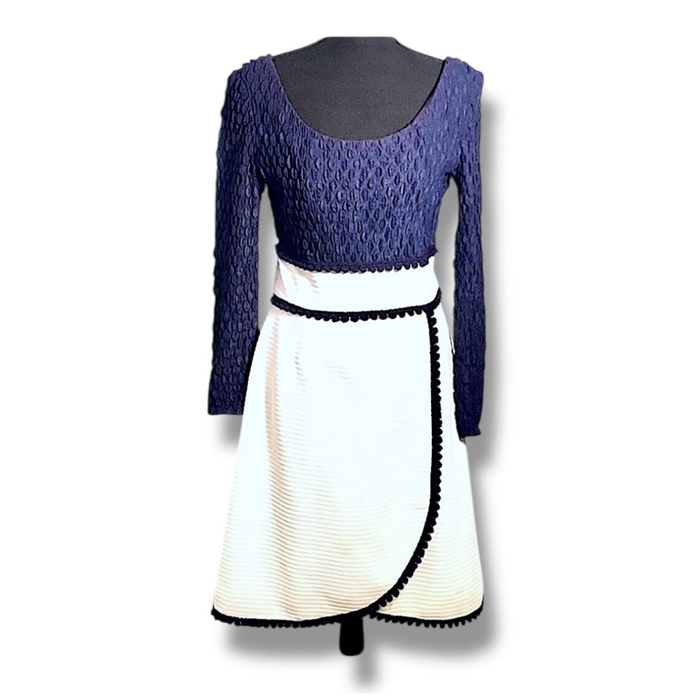 VINTAGE 70s Ivory Navy A-line Dress PARADE OF NEW YORK label SZ 10